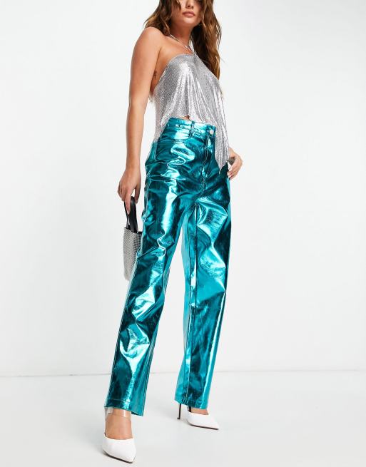 Amy Lynn Pantalon fluide droit metallise a taille mi haute Turquoise irise