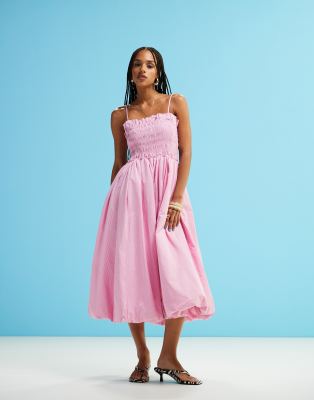 Amy Lynn - Polly - Gesmoktes Midikleid in rosa gestreift