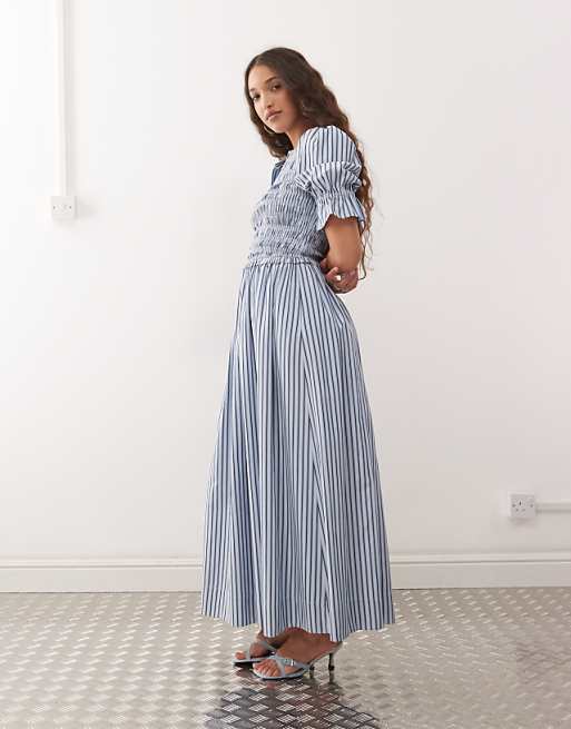 blue and white striped midi dress & Button Front feminine shape Stripe A Pose Midi Dress