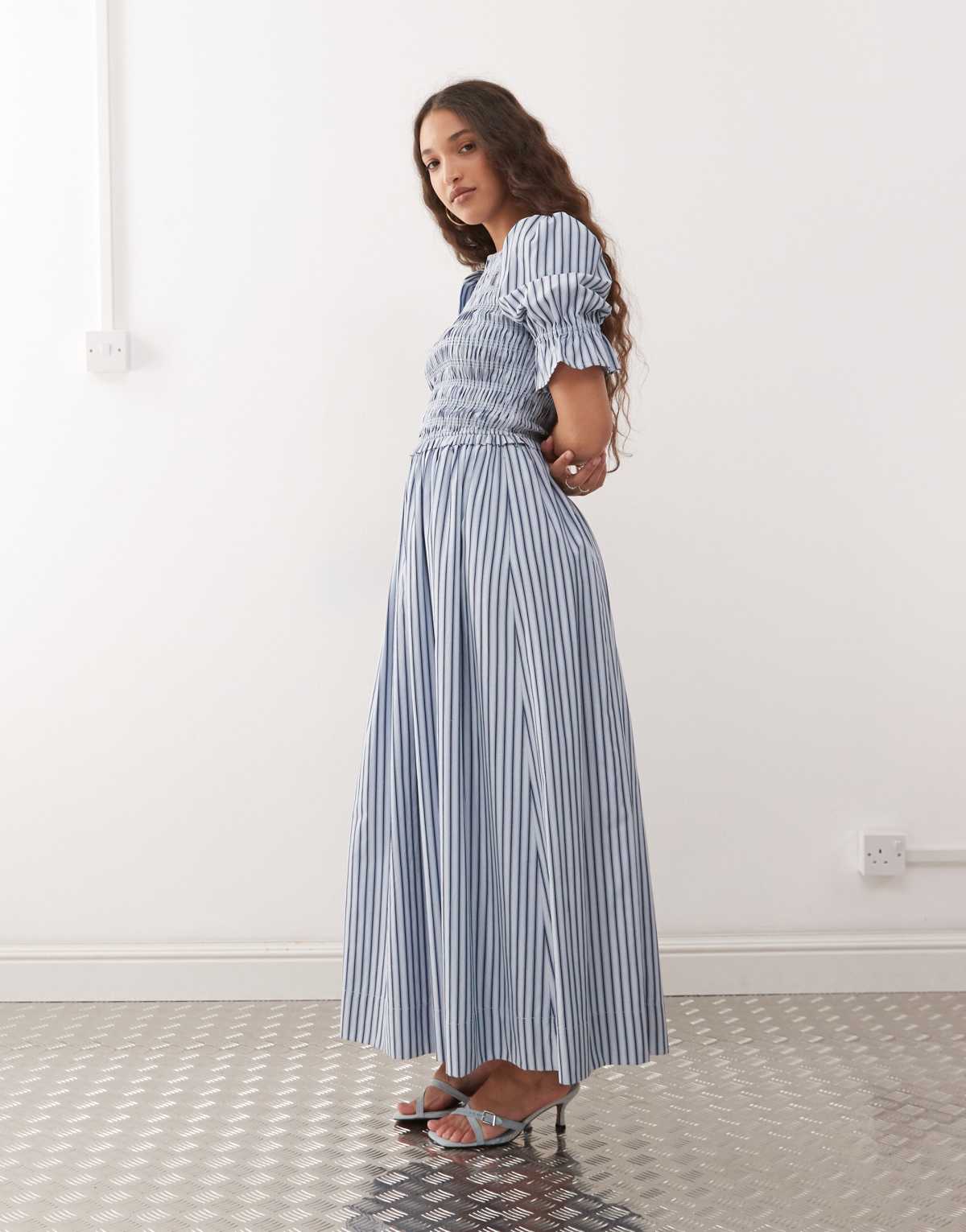 Amy Lynn puff sleeve cotton midi dress in blue stripe