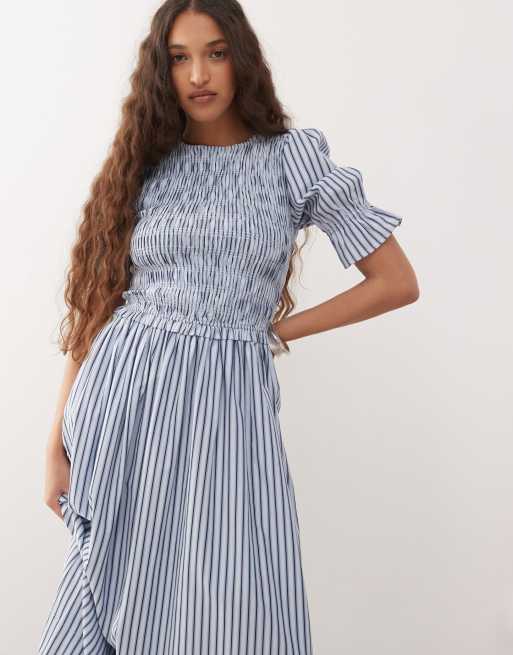 Amy Lynn puff sleeve cotton midi dress in blue stripe