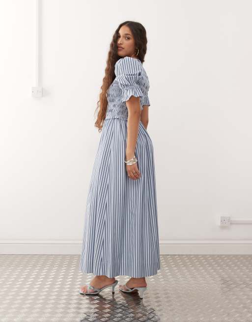 Amy Lynn puff sleeve cotton midi dress in blue stripe