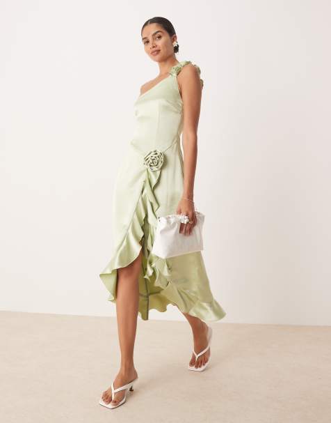 Amy Lynn - Robe asymétrique longueur mollet effet satiné à volants avec roses en 3D - Vert pomme - view 1