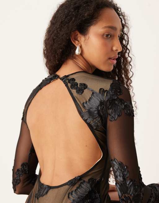 Amy Lynn - Robe courte à manches cloche et découpe au dos avec motif 3D - Noir, 3 de 4
