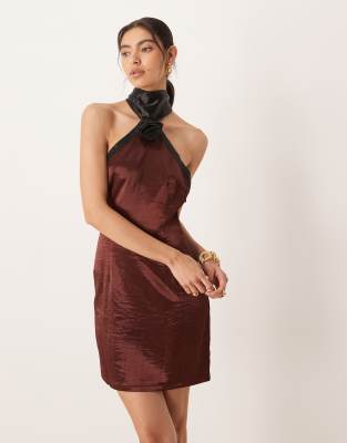 Robe courte satinée dos nu avec encolure américaine contrastante - Marron et noir-Brown 40