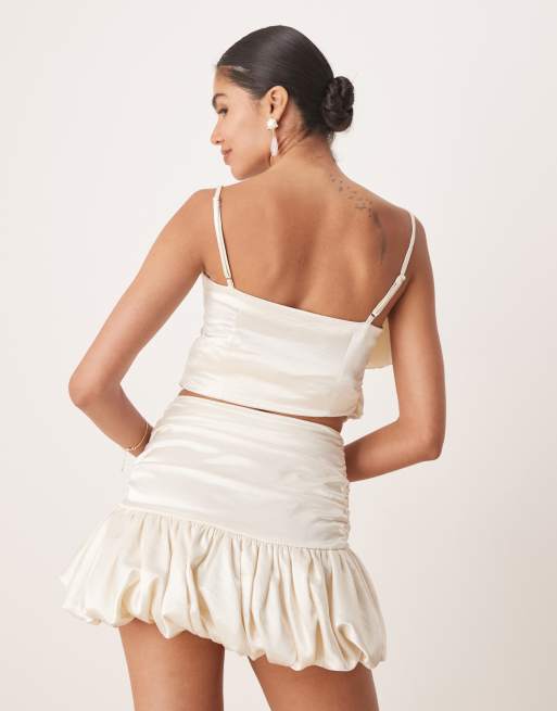 Amy Lynn ruched bubble hem mini skirt in ecru satin - part of a set, 5 of 5