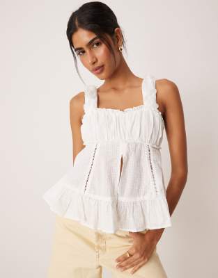 Amy Lynn Ruched Bust Cami Top With 3d Floral Straps In White