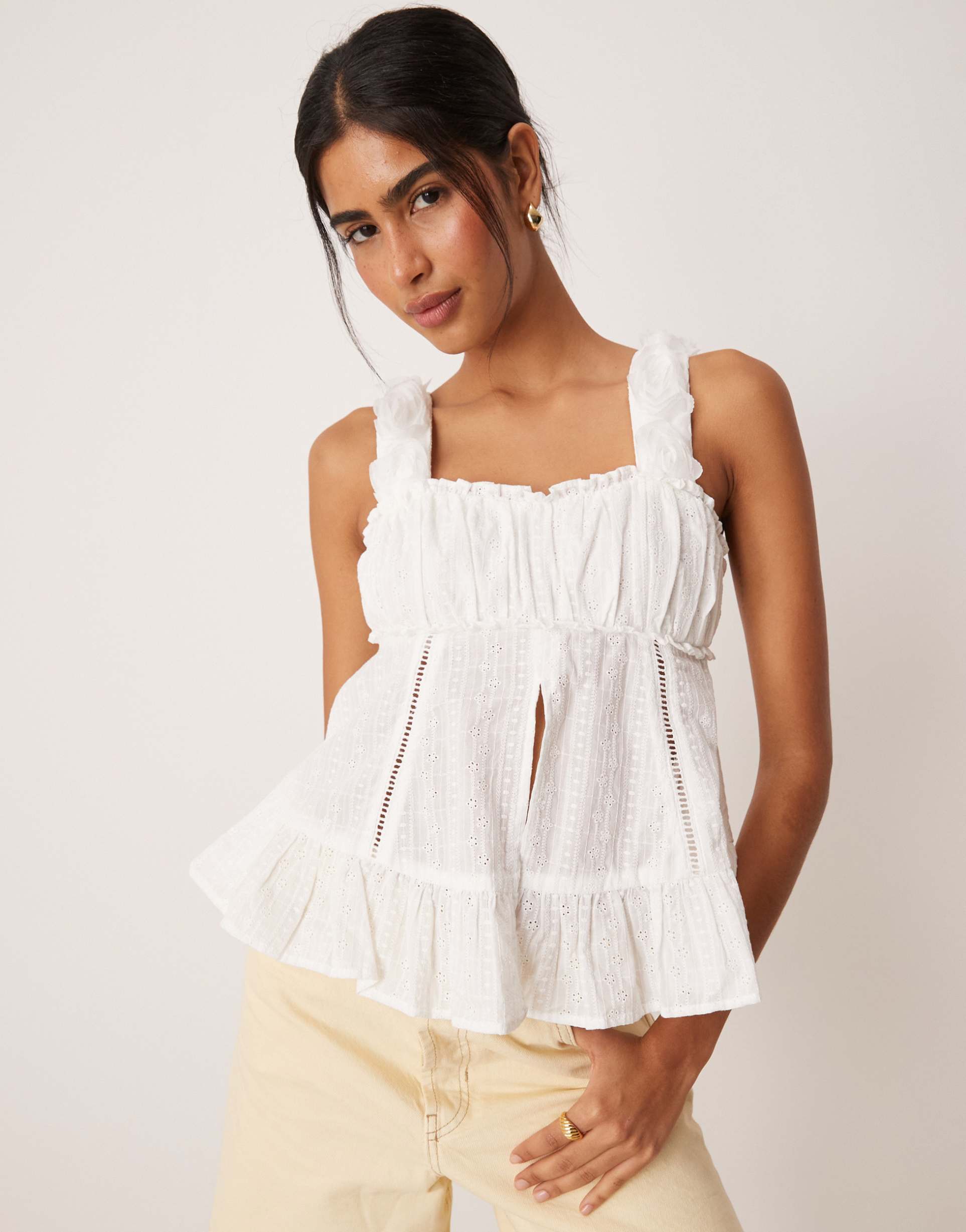 amy lynn ruched bust cami top with 3d floral straps in white eyelet