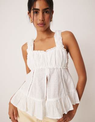 Amy Lynn Ruched Bust Cami Top With 3d Floral Straps In White