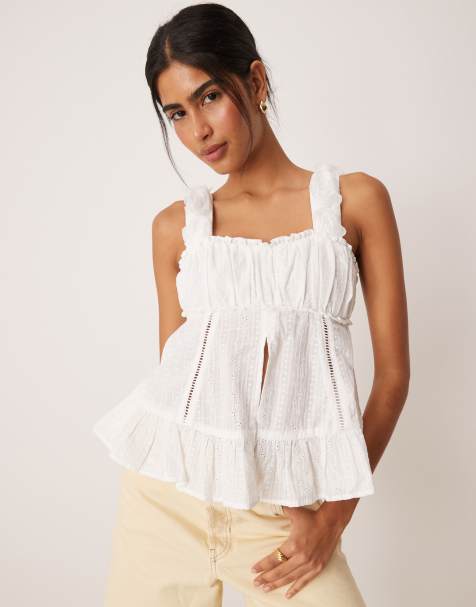 Amy Lynn ruched bust cami with 3d floral straps in white broderie