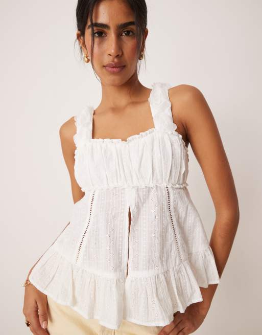 Amy Lynn ruched bust cami with 3d floral straps in white broderie, 2 of 4