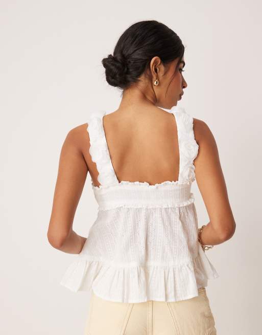 Amy Lynn ruched bust cami with 3d floral straps in white broderie, 4 of 4