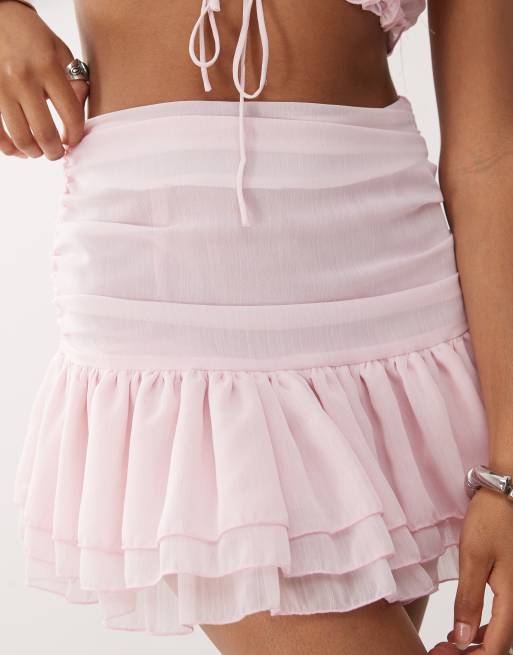 Amy Lynn ruched rara mini skirt co-ord in baby pink, 3 of 5