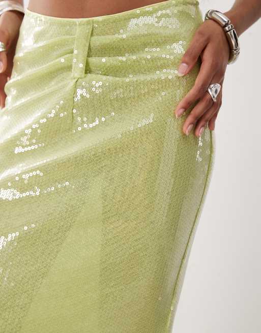 Amy Lynn ruched waist maxi skirt co-ord in lime green sequin