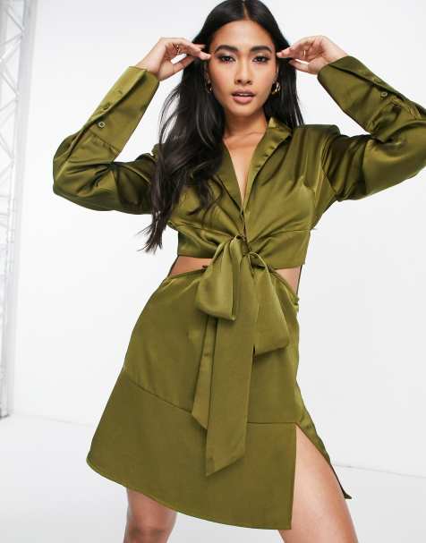 Amy Lynn satin blazer dress with cut outs in khaki - view 1