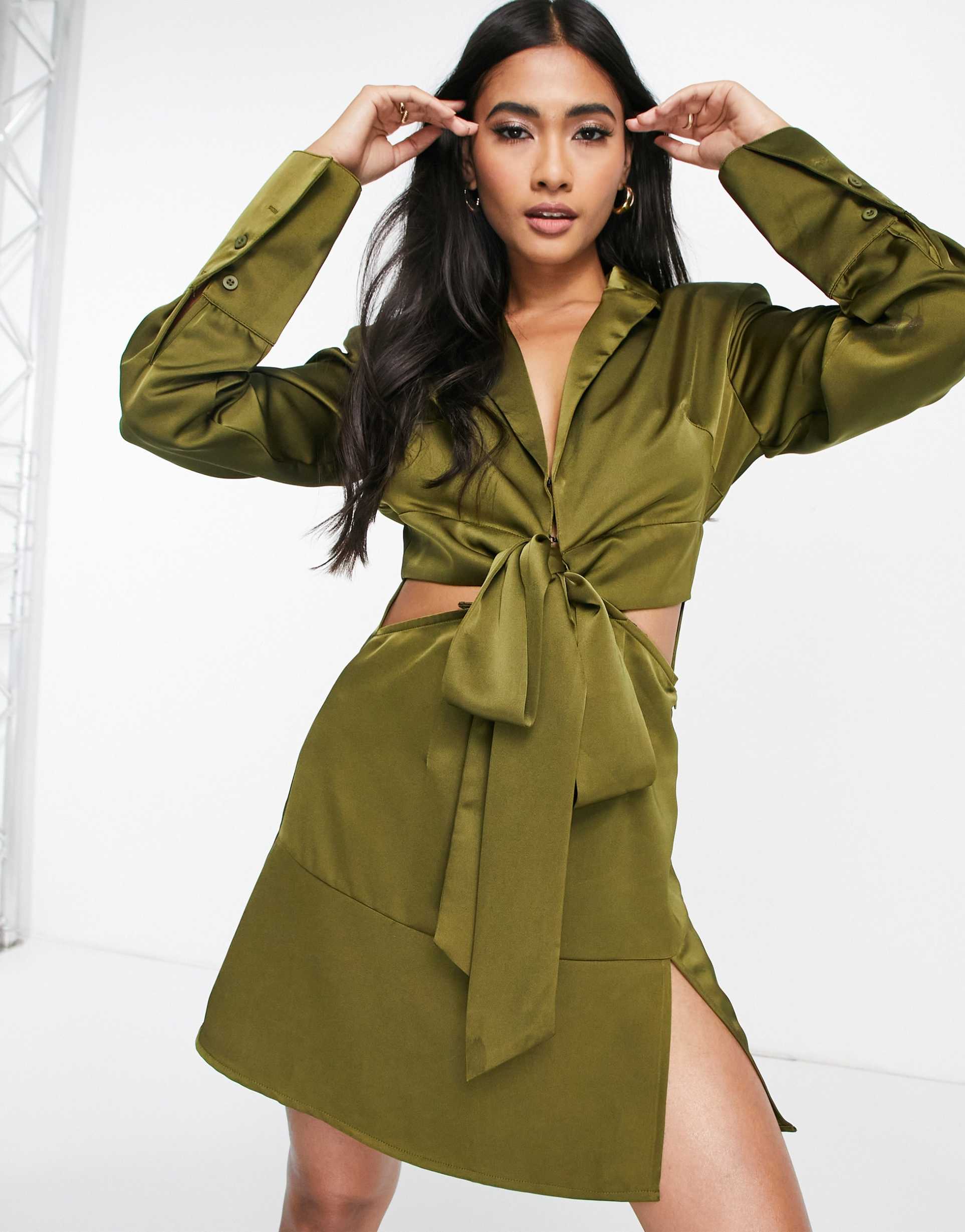 amy lynn satin blazer dress with cut outs in khaki