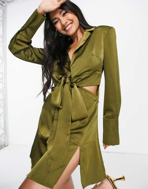 Amy Lynn satin blazer dress with cut-outs in khaki, 3 of 4