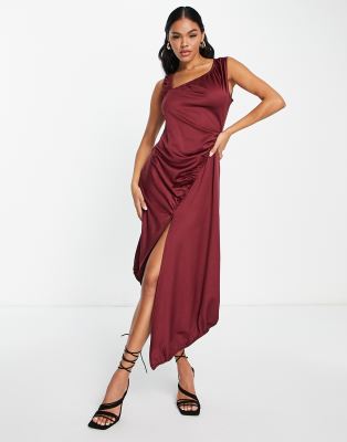 satin gathered midi dress in burgundy-Purple
