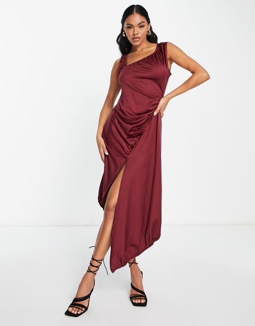 Burgundy one shoulder outlet draped midi dress