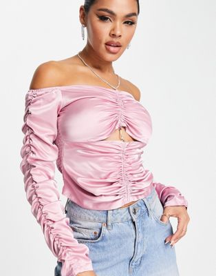 Amy Lynn satin ruched bardot top with cut out in pink