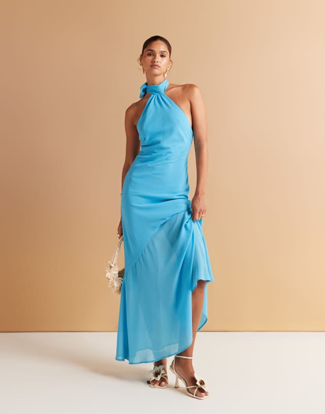 aqua blue chiffon dress Amy Lynn scarf neck maxi in Skirt/Dress length type:Normal Length (suitable for Height 160 - 167cm) With a strapless neckline aug22 Black Blazer with White