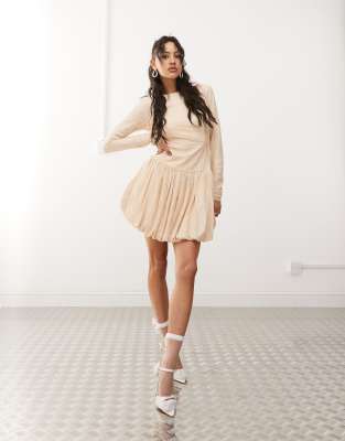 scoop back allover lace mini dress with bubble hem in milk-White