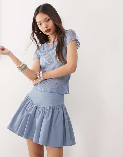 Amy Lynn sheer lace floral tee in dusty blue - view 1