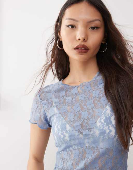 Amy Lynn sheer lace floral tee in dusty blue, 2 of 4