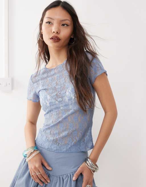 Amy Lynn sheer lace floral tee in dusty blue, 3 of 4