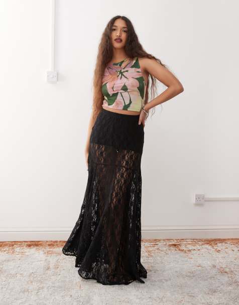 Amy Lynn sheer lace godet skirt in black - view 1