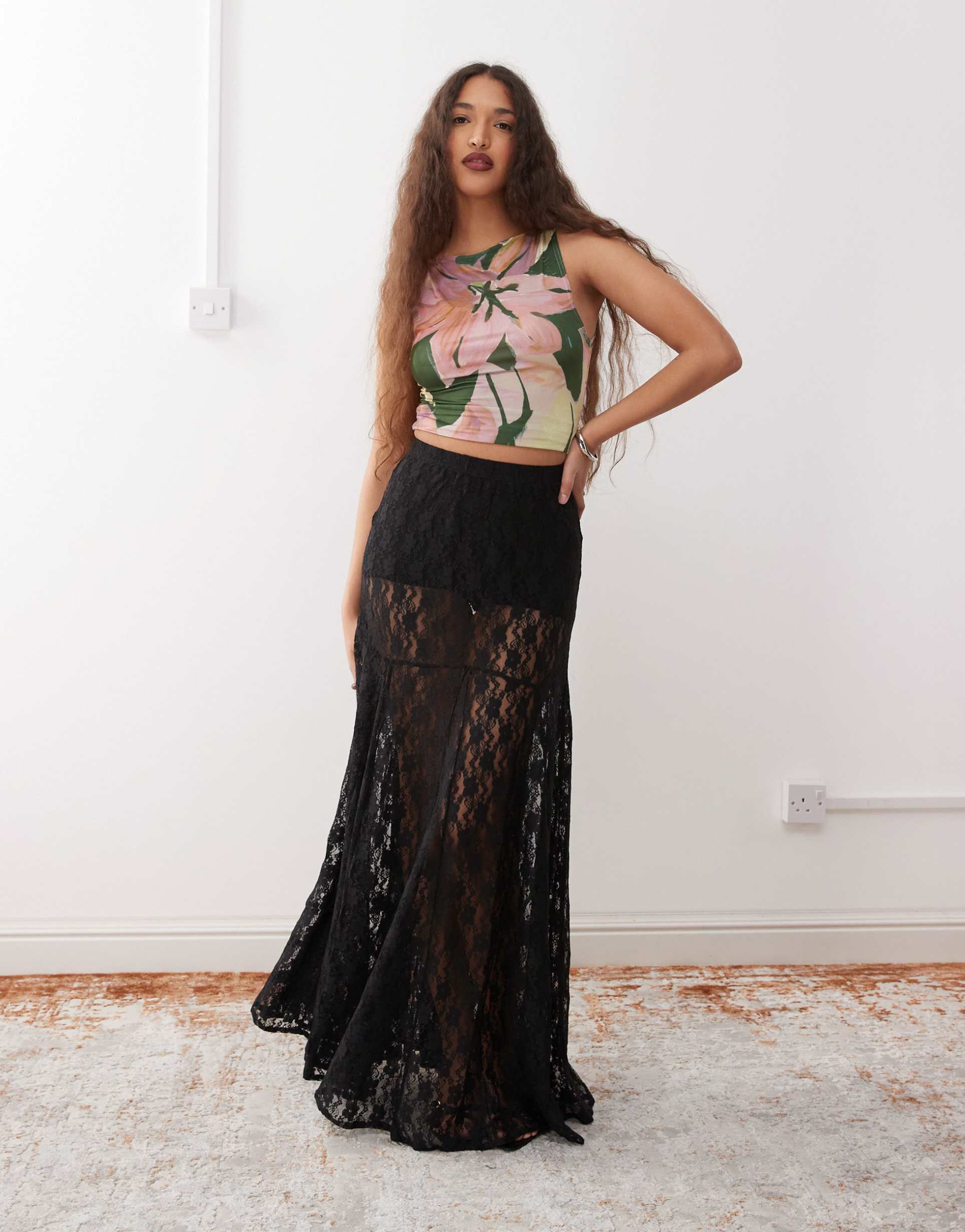 amy lynn sheer lace godet skirt in black