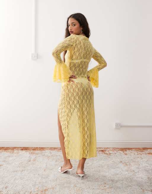 Amy Lynn sheer lace midaxi dress with ruched slit in yellow | ASOS