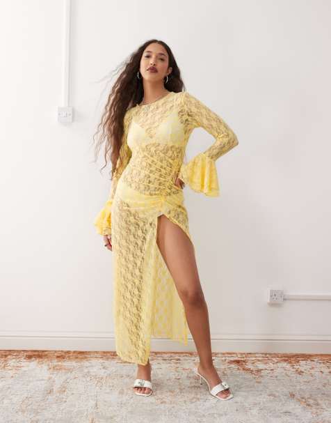 Amy Lynn sheer lace midaxi dress with ruched split in yellow - view 1