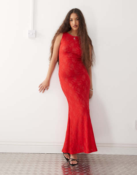 Amy Lynn sheer lace slip maxi dress in red