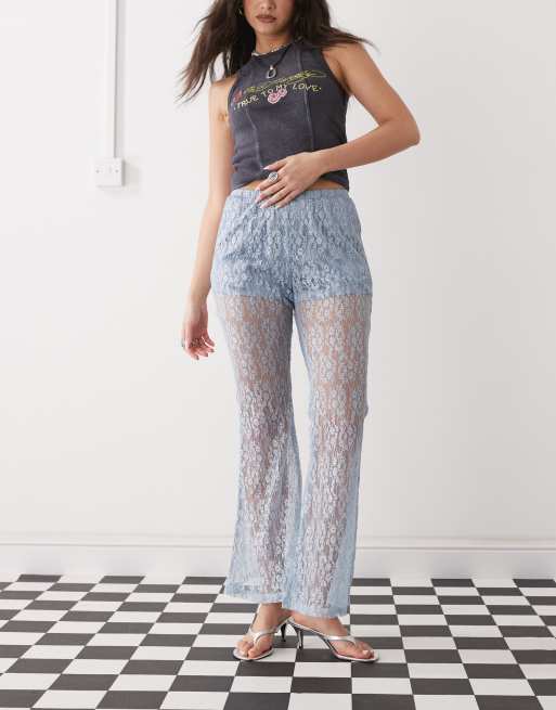 Amy Lynn sheer lace straight leg pants in blue