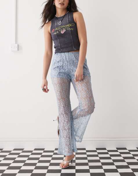 Amy Lynn sheer lace straight leg trousers in blue - view 1