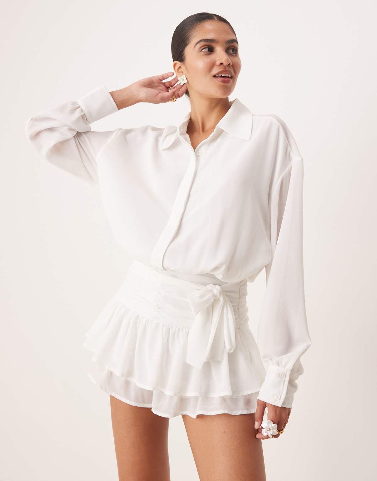 Amy Lynn sheer ruffle bloomer playsuit with shirt top in white