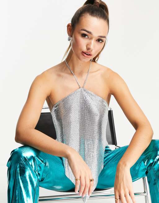 Shiny Halter Silver Sequin Tank Top With Nibber For Women