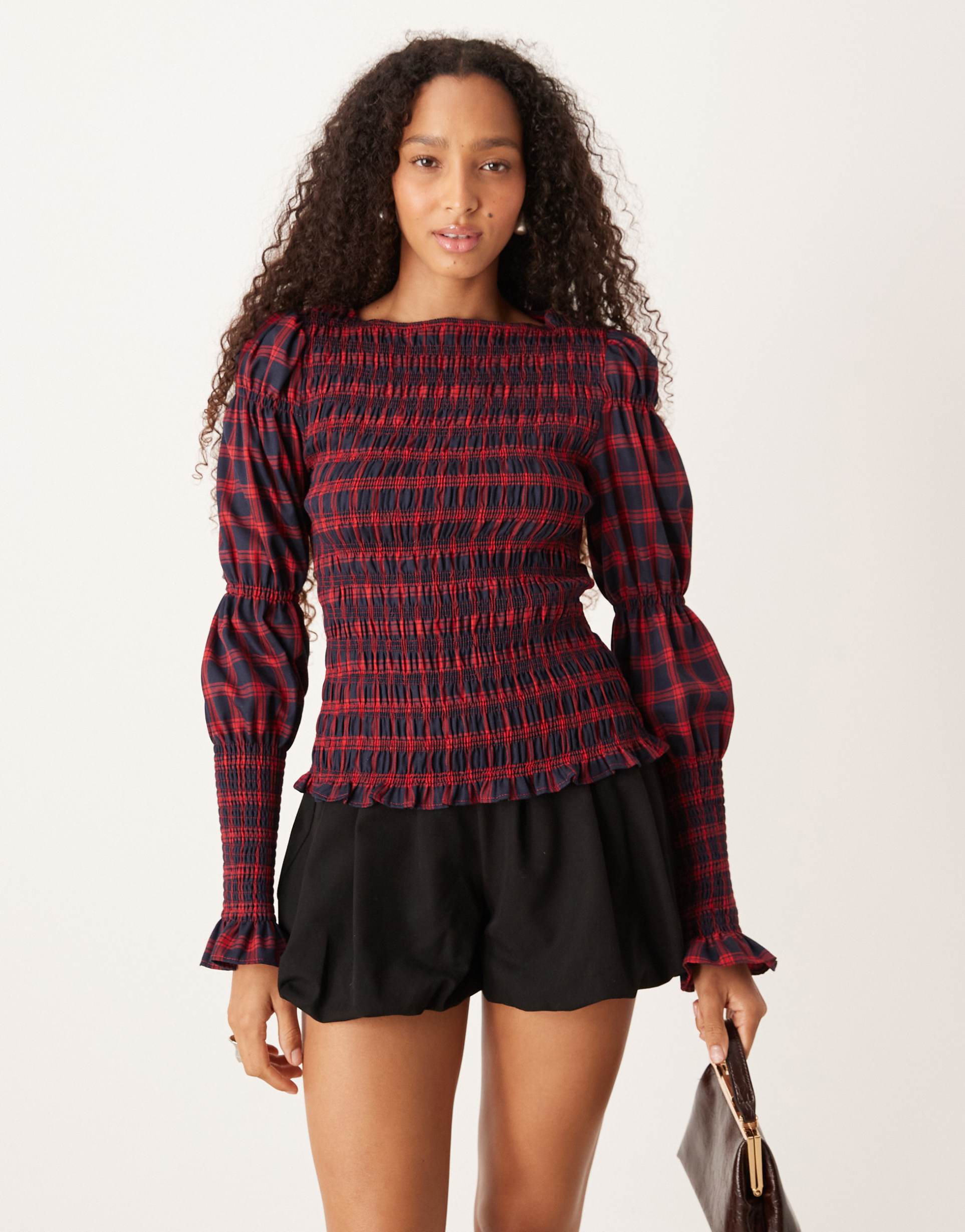 amy lynn shirred long sleeve top in red plaid