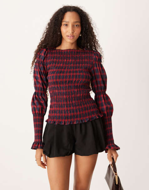 Amy Lynn shirred long sleeved top in red check - view 1
