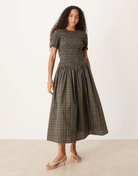 Amy Lynn shirred midi dress in green check - view 1