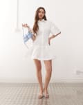 [Amy Lynn] Amy Lynn smocked shirt mini dress with shirred bodice in white 8 WHITE