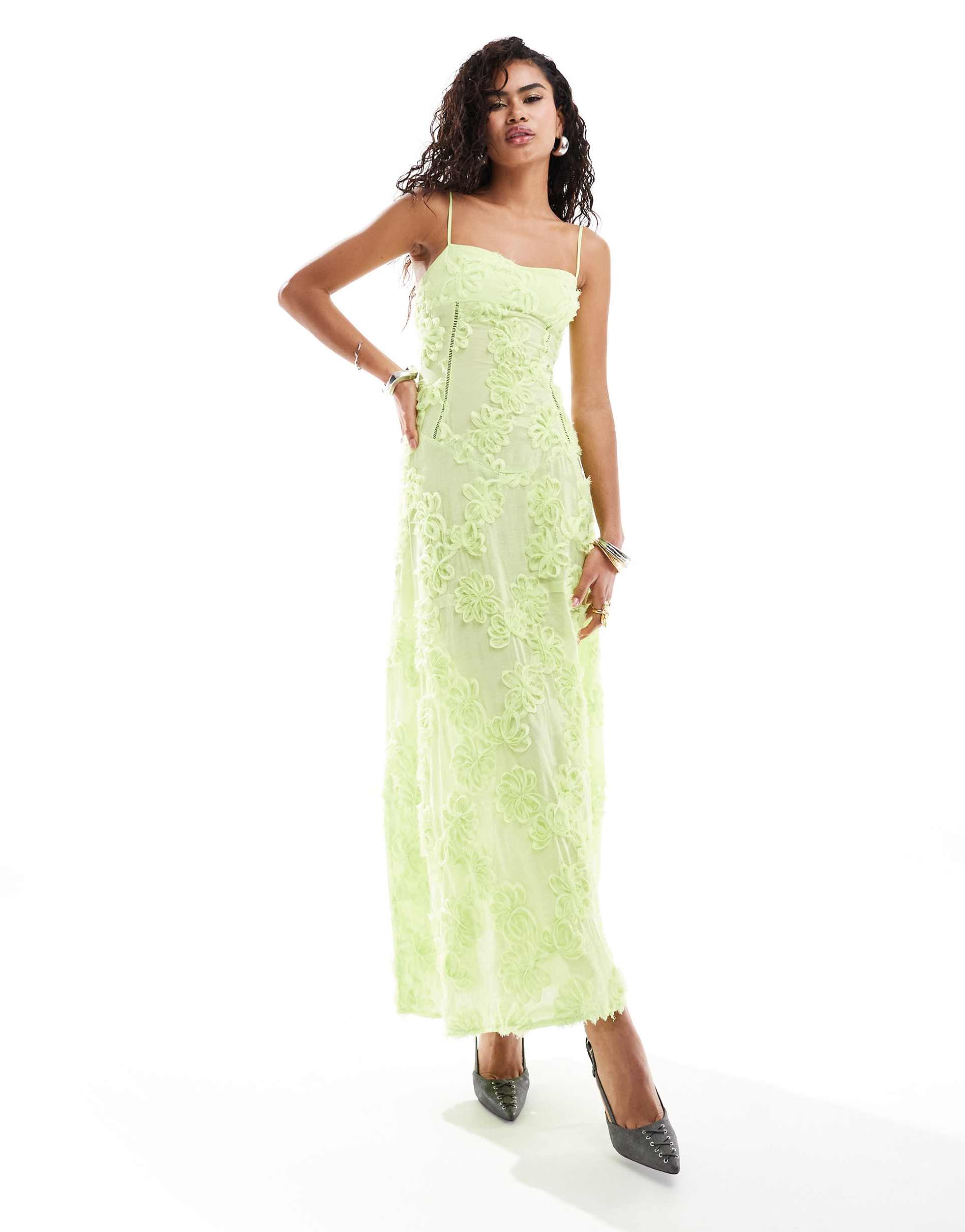 amy lynn sofia sweetheart strappy floral crochet maxi dress in light green