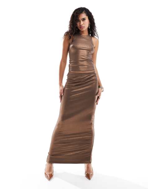 Amy Lynn soft stretch foil maxi skirt in coffee co-ord