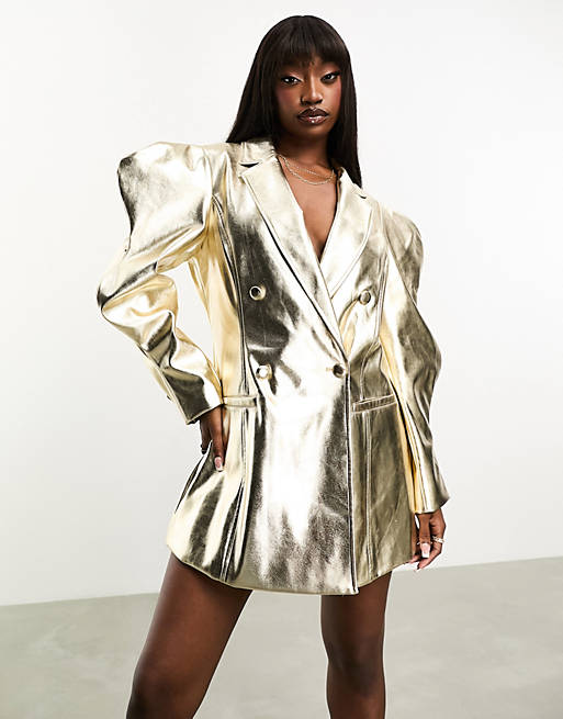 Amy Lynn soft stretch PU blazer dress with extreme sleeve in light gold ...