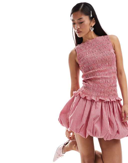Amy Lynn Sonya shirred slash neck top in red and white gingham (part of a set)