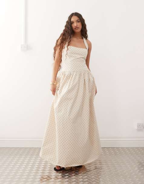 Amy Lynn square halter neck maxi dress in cream polka dot - view 1