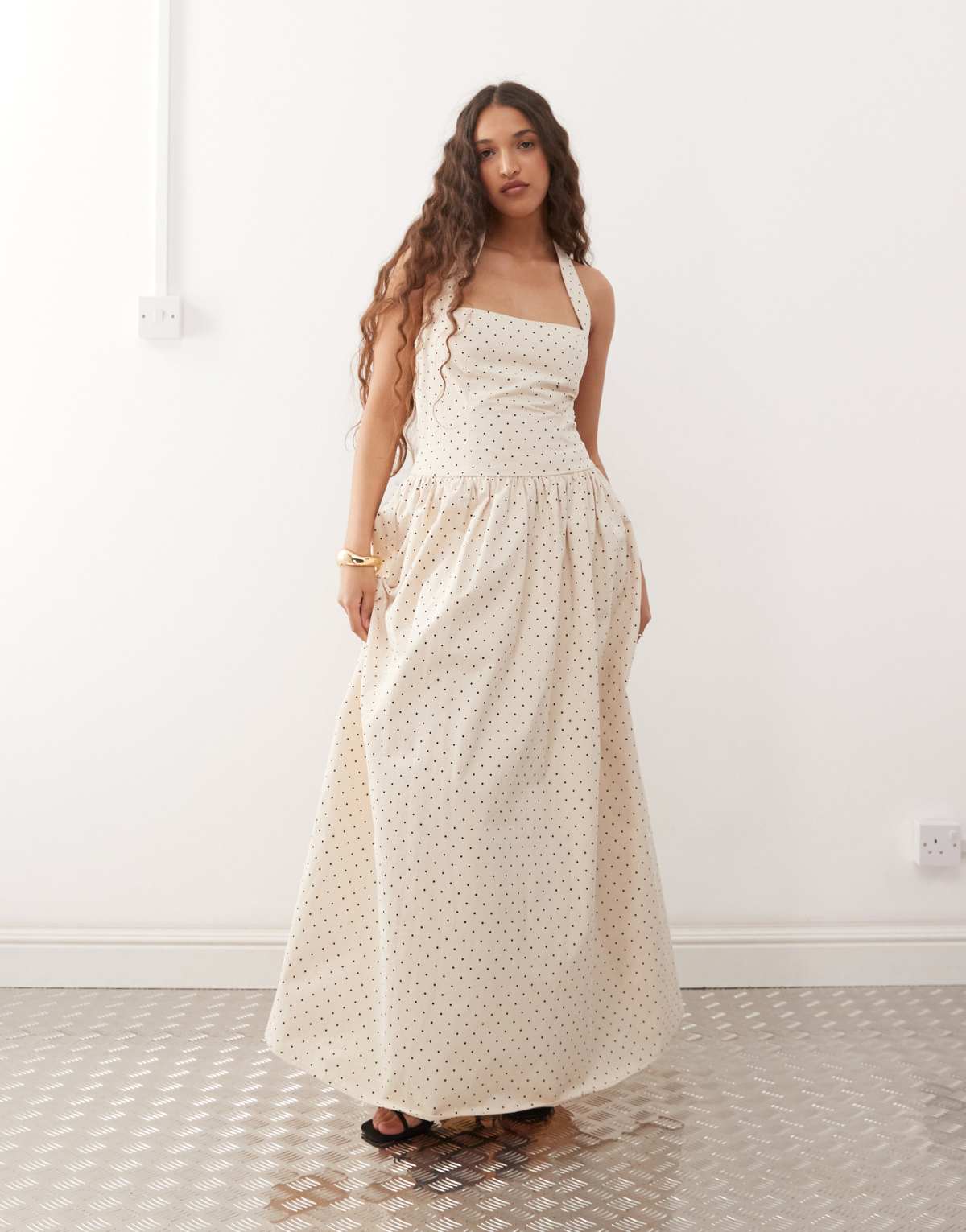 Amy Lynn square halter neck maxi dress in cream polka dot