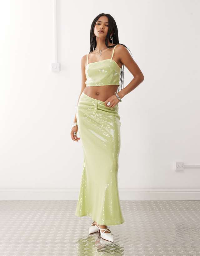 Amy Lynn square neck cami crop top in lime green sequins - part of