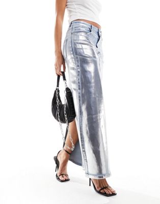 Amy Lynn Stretch Metallic Coated Denim Maxi Skirt In Silver-multi